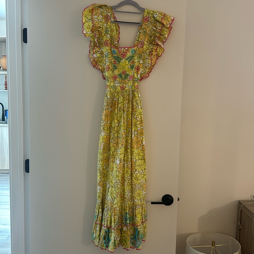 CeliaB Yellow Floral Embroidered Midi Dress with Pink Trim - Picture 2 of 10